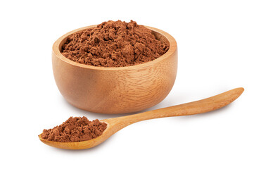 Cocoa power in wooden bowl and spoon isolated on white background.