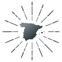Spain gradiented sunburst. Map of the country with colorful star rays. Spain illustration in digital, technology, internet, network style. Vector illustration.