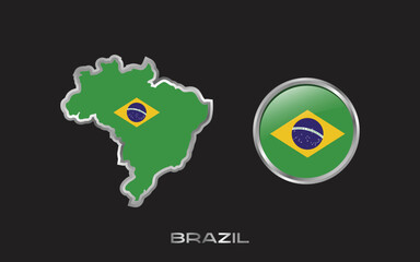 Brazil map flag icon on silver border. fifa world cup 2022 tournament flag