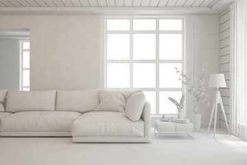 Fototapeta premium White minimalist living room with sofa. Scandinavian interior design. 3D illustration