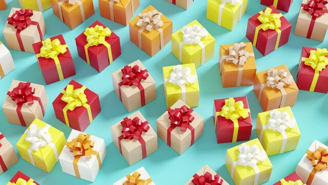 color present gift boxes on blue background. 3D animation. Christmas concept idea. slow motion.