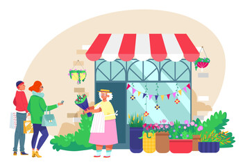 Romantic couple purchase flower bouquet from old woman florist character street shop flat vector illustration, isolated on white.