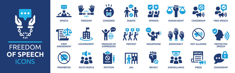 Freedom of speech icon set. Free speech message symbol concept. Democracy, censorship, press, human right icons. Solid icon collection. - obrazy, fototapety, plakaty