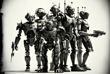 a horde of cyborgs or robots on a white backdrop. Generative AI
