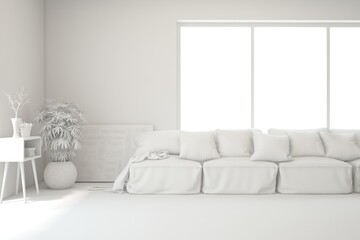 Mock up of minimalist living room in white color with sofa. Scandinavian interior design. 3D illustration