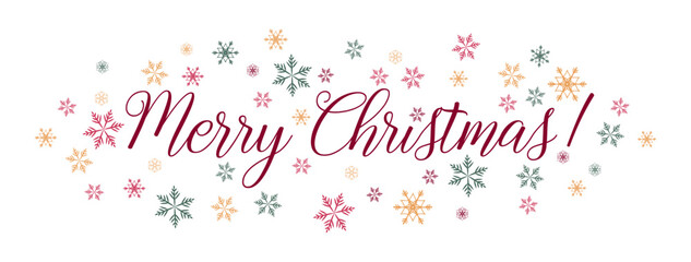 Merry Christmas snowflake design, falling snow and text in red burgundy green and yellow Christmas colors