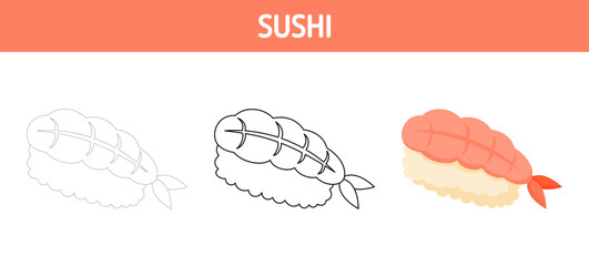 Sushi tracing and coloring worksheet for kids