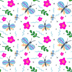 cute modern seamless pattern  with flower and butterfly shapes