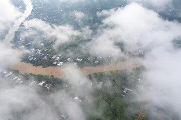aerial view of white clouds and below is the Mekong river delta, South Vietnam. 