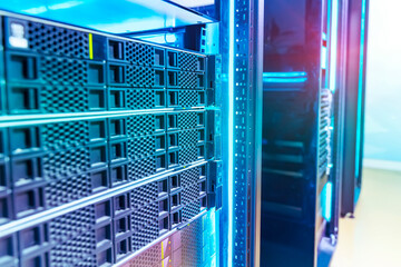 Panel of mainframe of modern servers in data center or ISP - obrazy, fototapety, plakaty