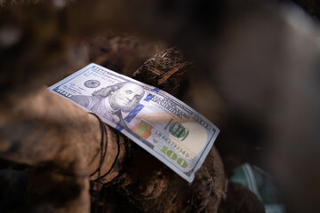 Hundred dollar bill on a dirty tractor rototiller close-up. Rotary tiller for tillage of...