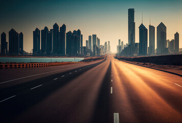 Fototapeta premium empty roadway with the skyline and cityscape of China's Qingdao.. Generative AI