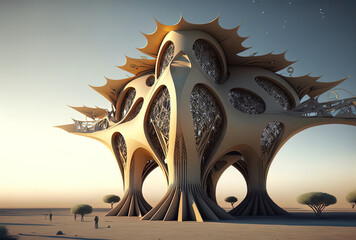 A futuristic structure with outside natural embellishments. Generative AI