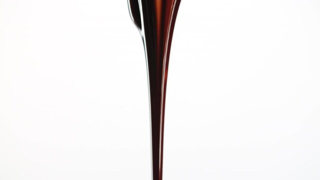 Seamless dripping dark caramel or melted chocolate droplets flowing down liquid sweet sauce on white background. Close-up shot flowing brown orange tasty syrup drip. Confectionery, cooking candies