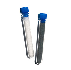 Sodium Hydroxide Pellets and Zinc Powder in test tube with plug cap. Cosmetic chemicals ingredient on laboratory table.