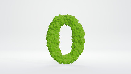 3D illustration of number zero. Cute green bush style, isolated on white background with clipping path. 