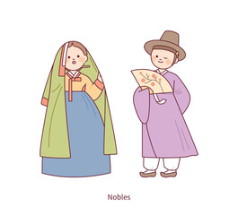 Costumes of Joseon, an old country in Korea. Female and male characters of aristocratic status. outline simple vector illustration.