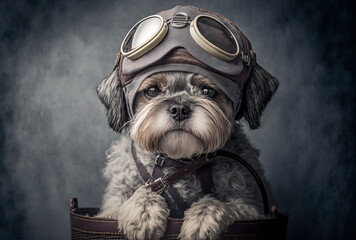 Dog in wicker basket with pilot cap and goggles on gray backdrop.. Generative AI