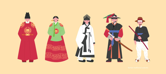 Costumes of the Joseon Dynasty. Kings and queens, students, police captains and cops. hand drawn vector illustration.