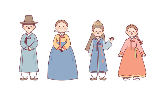 Costumes of the old nation of Korea, Joseon. Hanbok for men and women and Hanbok for children. outline simple vector illustration.