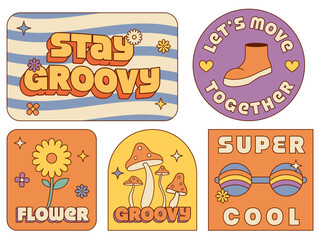 Hippie groovy 70s set. Funny cartoon badge flower, shoes, mushroom, sunglasses, and cool sticker pack in trendy retro psychedelic illustration style