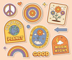 fix 1sticker pack collection of groovy hippie 70s flowers, planet, peace, rainbow. moon, shoes, and ice cream in vintage retro psychedelic cartoon illustration style