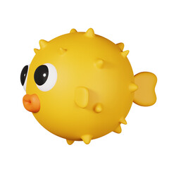 Yellow puffer fish isolated. Sea and beach minimal cartoon icon. Summer vacations and sea lifestyle theme. 3D render illustration.