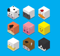 Dice Box 3D Character Farm Animal Set Cartoon Vector