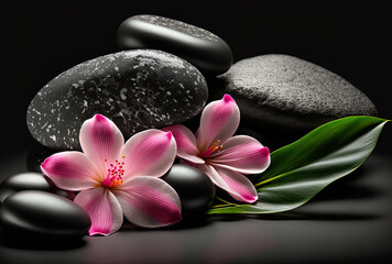 Fototapeta na wymiar Spa concept, side composition, copy space, hot stones in a spa, beautiful pink flowers, black backdrop.. Generative AI