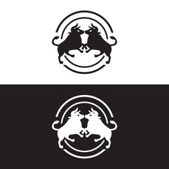 Circle black and white bull animal logo design . icon logo . silhouette logo 