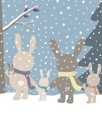 New Year's illustration of a family of rabbits in scarves, standing with their backs to each other and holding each other's paw. It's snowing .