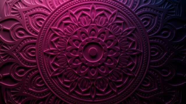 Purple Surface with Extruded Mandala Flower. Three-dimensional Diwali Celebration Background.
