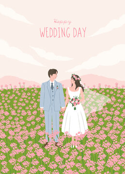 floral wedding invitation with bride and groom portrait illustration. landscape of Spring field and wild flowers. For poster, gift, print, card, banner, cover background. Hand drawn style. Flat vector
