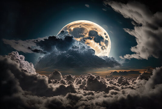 the full moon, clouds, and nighttime scenery. Generative AI