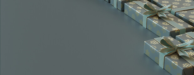 Neatly arranged Gifts form a Grid pattern. Trendy Turquoise and Gold Christmas Seasonal Wallpaper with copy-space.