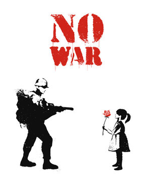 Flower Power, Put flower on soldier rifle gun. Symbol for peace and stop war concept. Make peace and spread love. No War. Retro grunge poster. Banksy style. Hand drawn. Flat vector illustration.