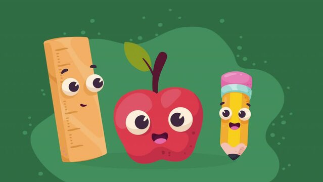 rule and pencil school supplies kawaii characters