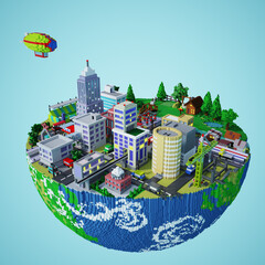 The earth with the atmosphere of the city and the village are contradictory. Illustration voxel art