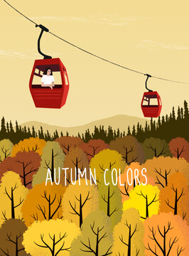 Autumn landscape and orange forest. Cableway in mountains. village, tree, leaves. Countryside. Rustic background for poster, banner, card, brochure or cover. Hand drawn style. Flat vector illustration