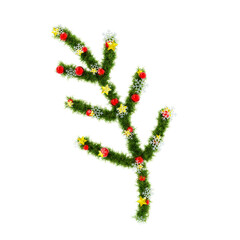 Beautiful Christmas Graphic Element with christmas wreath material in the shape of branch, with red orbs and snowflakes and shiny stars on transparent background (RGBA 3D Rendering PNG)