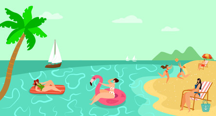 Fototapeta na wymiar Tropical hot country vacation people character together relax on sand sea beach flat vector illustration, private boat foreign holiday.