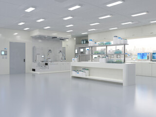White futuristic laboratory interior in semiconductor manufacturing factory