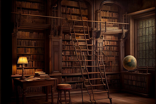 Beautiful rustic library with lights everywhere and ladders