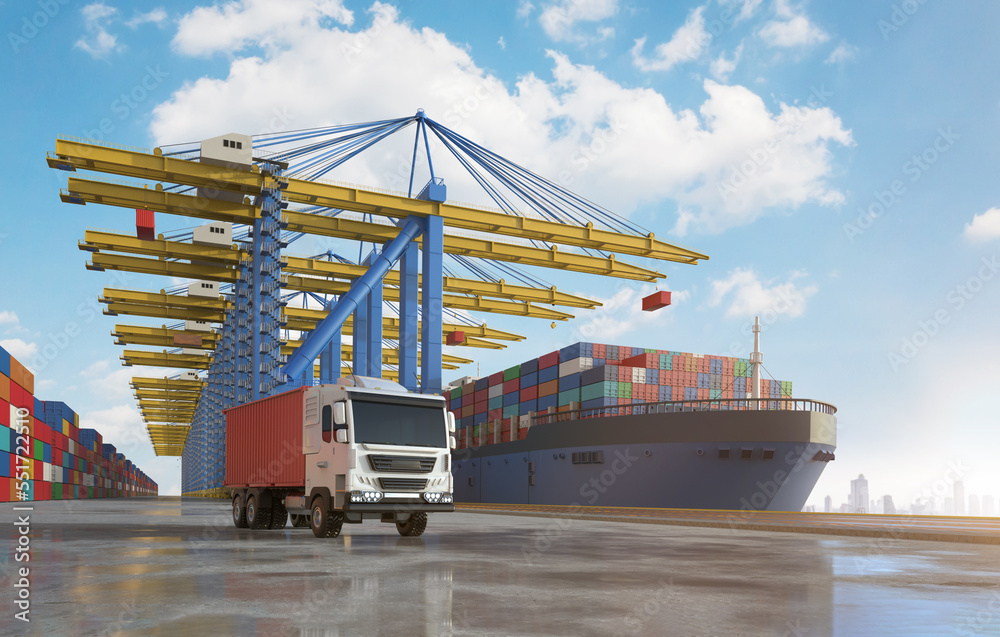 Wall mural logistic business with cargo ship and truck at terminal port