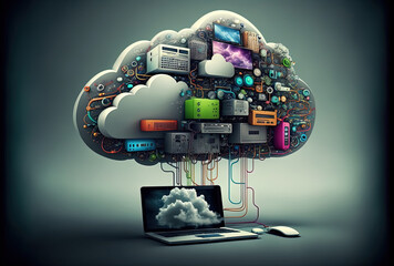 The idea of cloud computing links technology and communication devices.. Generative AI
