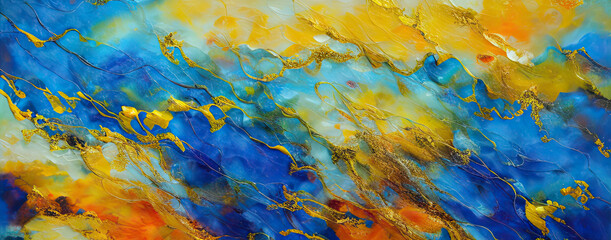 Abstract background in blue and gold, ink splashes