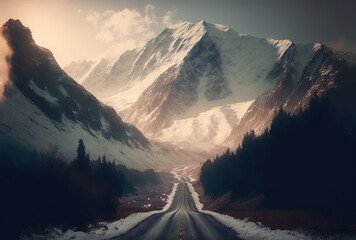 A narrow road is bordered by tall, rugged mountains that are covered with snow. The sky is hazy.. Generative AI