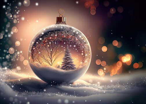 Festive Christmas ornament in sparkling snow with tiny landscape inside, bokeh background