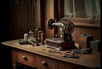 Fototapeta na wymiar In a jobs and career idea, old fashioned salon equipment is on a wooden table.. Generative AI