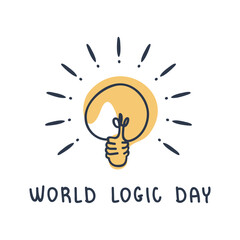 Electric light bulb with rays in the form of exclamation marks. Symbol of mental development, intellect, logical thinking and generating ideas. World day of logic. Calligraphic lettering.